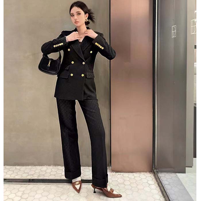 Gucci Women Light GG Canvas Single-Breasted Jacket Peak Lapel Flap Pockets