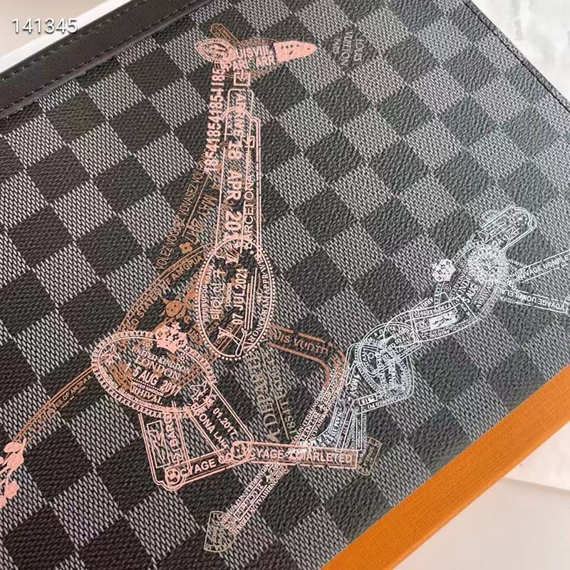 Louis Vuitton LV Unisex Pochette Voyage MM Bag Damier Graphite Stamps Coated Canvas