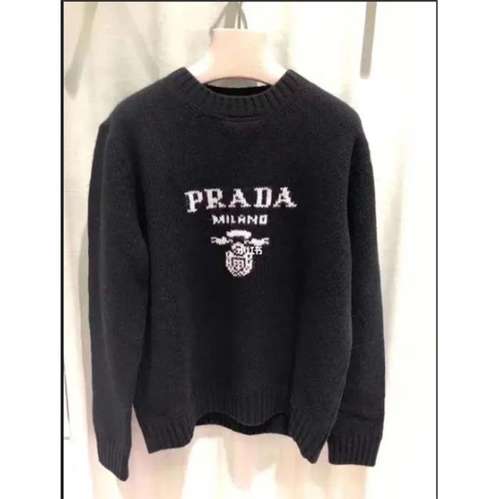 Prada Women Cashmere Wool Prada Logo Crew-Neck Sweater Black Menswear Fit
