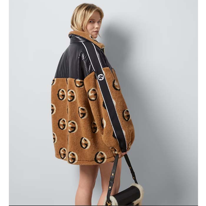 Gucci Women GG Wool Fleece Jacquard Zip Jacket Lined High Neck Dropped Shoulder Nylon Inserts