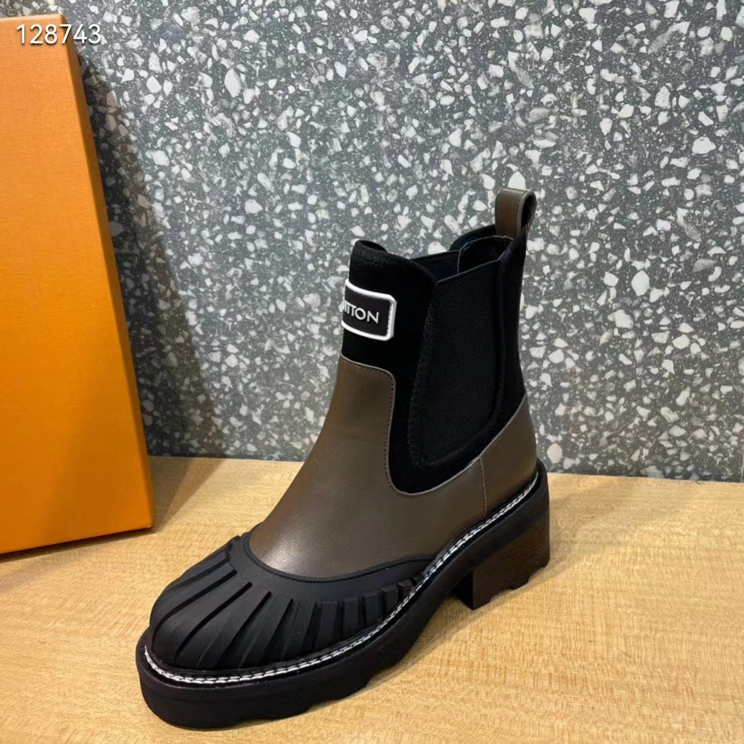 Louis Vuitton Women Shoes LV Beaubourg Ankle Boot Khaki Green Calf Leather Neoprene