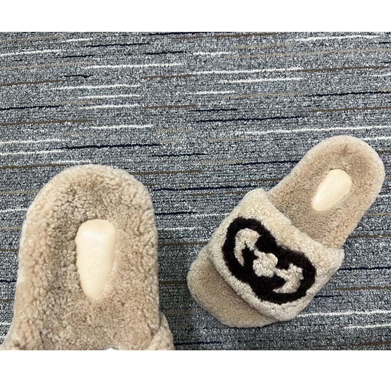 Gucci Unisex Slide Sandal Interlocking G Light Brown Merino Wool Flat