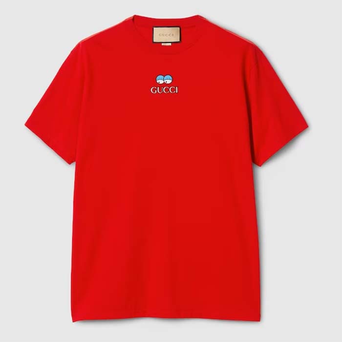 Gucci Women Cotton Jersey T-Shirt Embroidery Eyes Red Crewneck Short Sleeves