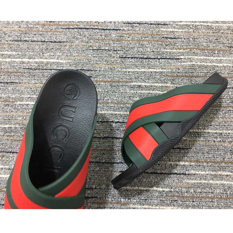 Gucci Unisex Web Slide Sandal Green Red Rubber Web Rubber Sole Low Heel