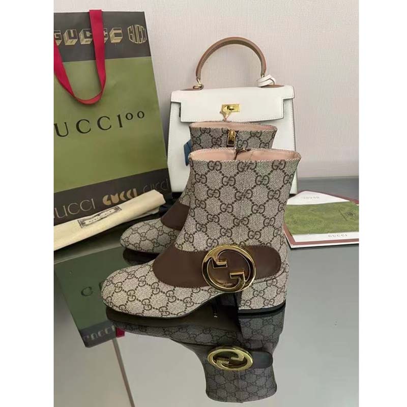 Gucci Blondie Women’s Ankle Boot Beige Ebony GG Supreme Canvas Low 5 Cm Heel
