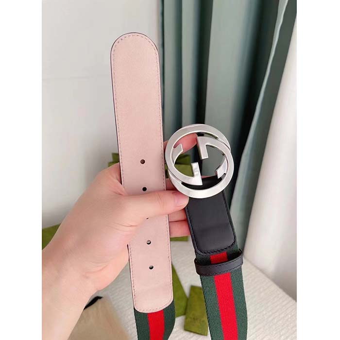 Gucci Unisex GG Web Belt Interlocking G Buckle Green Red Web Black Leather 3.8 CM Width