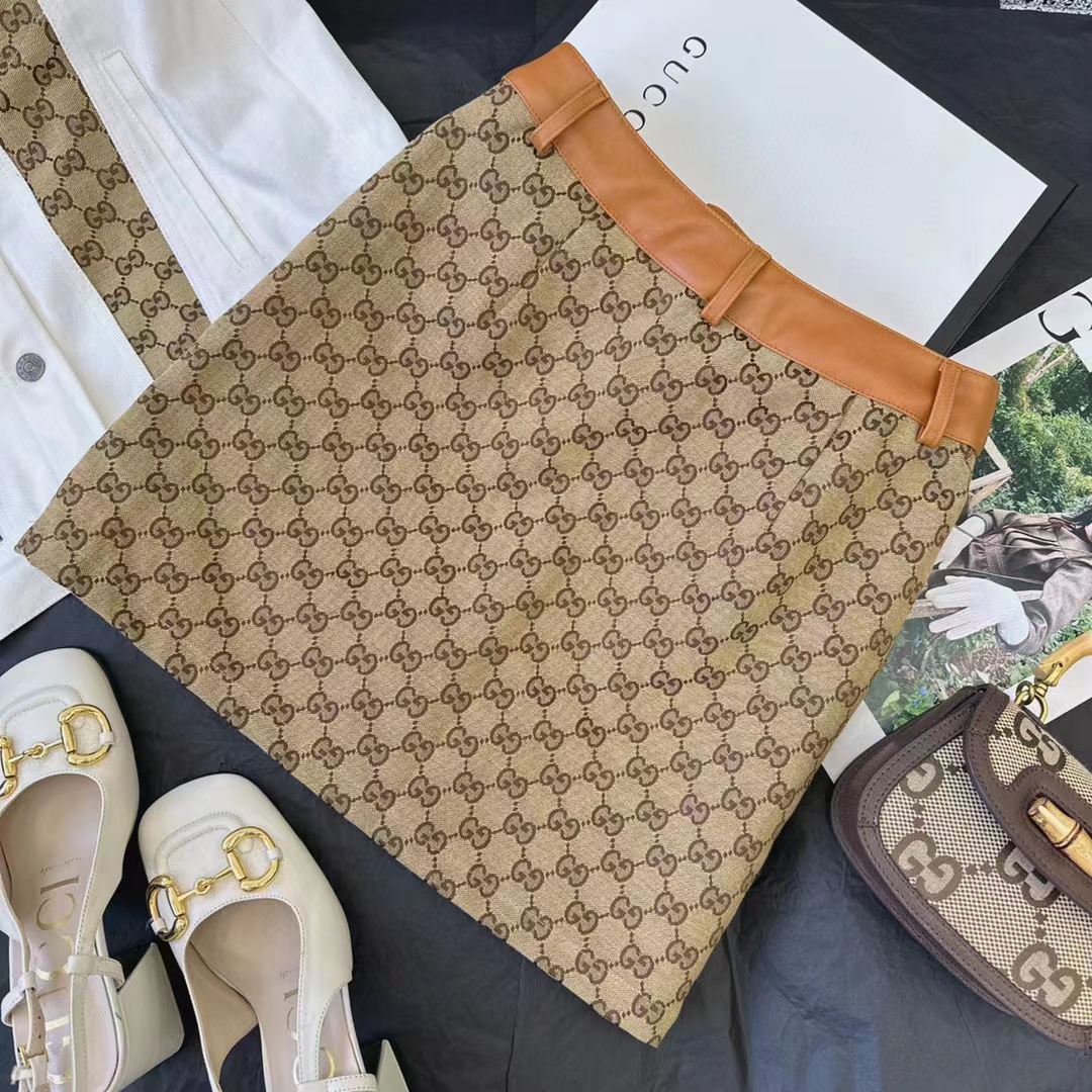 Gucci Women GG Canvas Skirt Camel Ebony Brown Leather Unlined Fitted Waistband Belt Loops