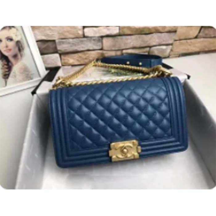 Chanel Women CC Boy Flap Handbag Chevron Quilted Calfskin Leather Navy Blue