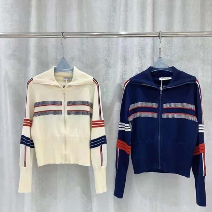 Dior Men CD DiorAlps Short High-Collar Cardigan Navy Blue Three-Tone Wool Cashmere Knit