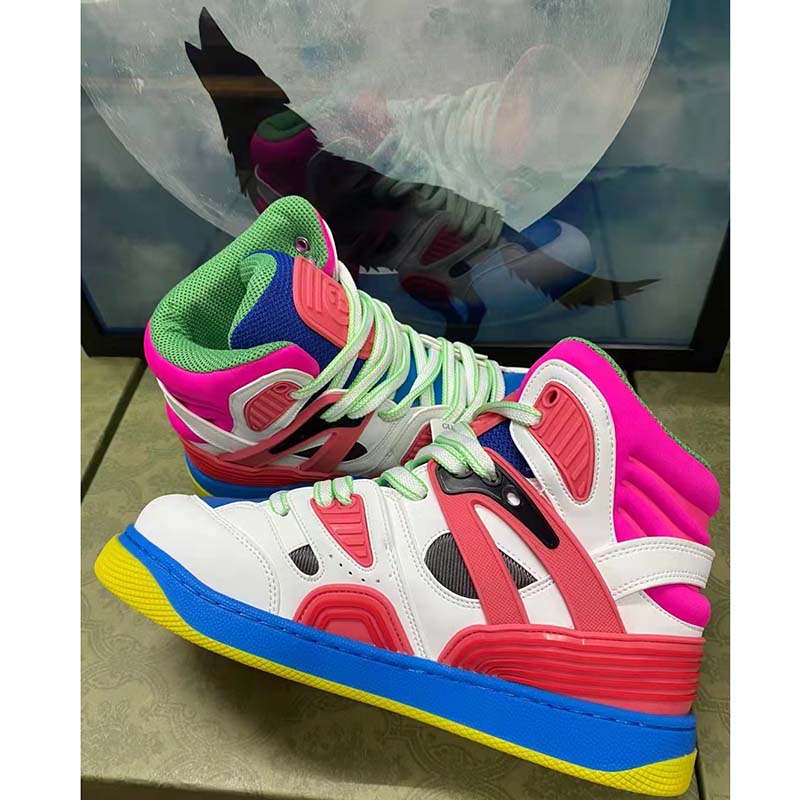 Gucci Unisex GG Gucci Basket Sneaker Pink Demetra Rubber Interlocking Grey Mesh