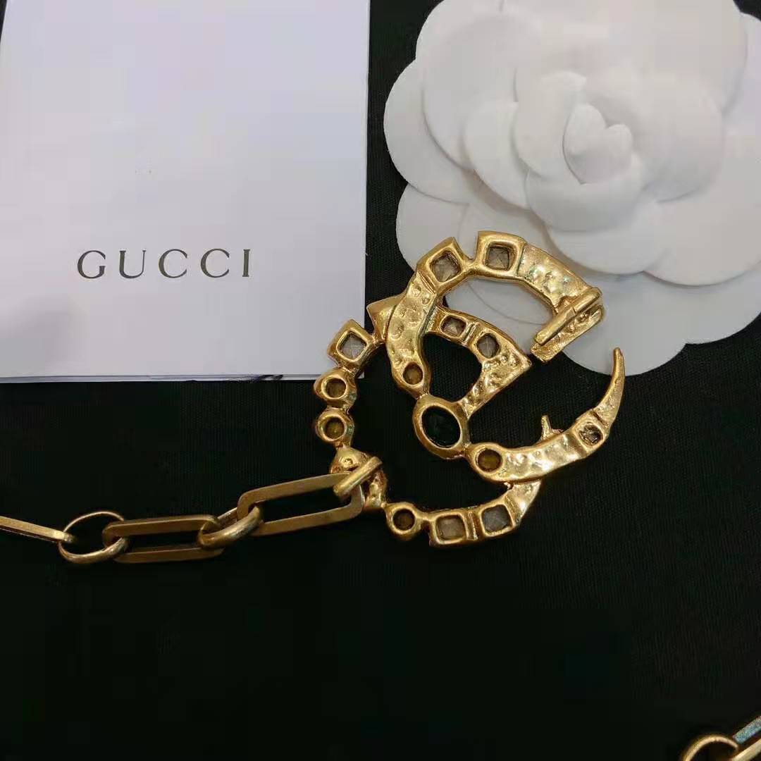 Gucci Women Chain Belt with Crystal Double G Buckle in Gold-Toned Chain