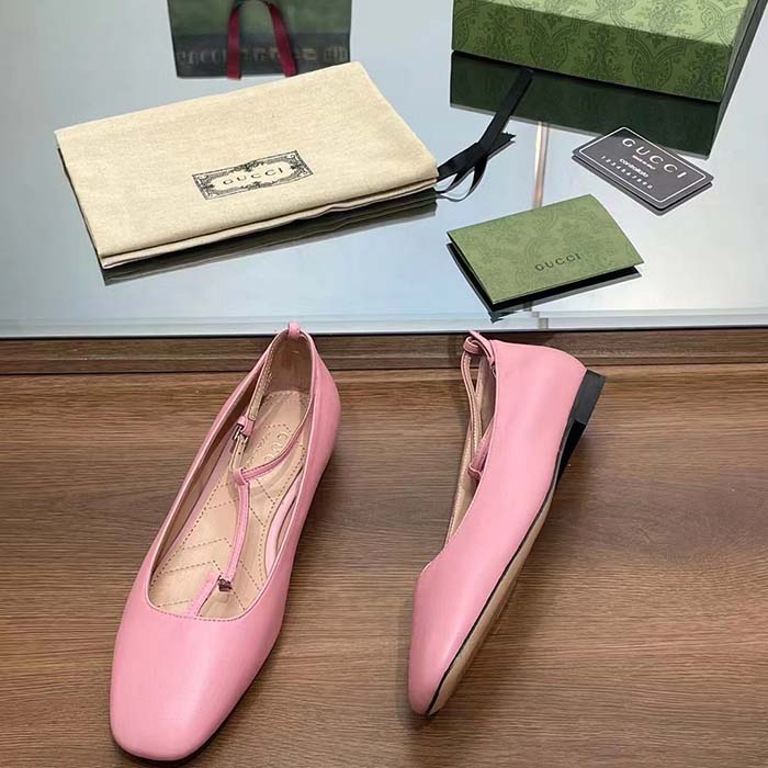 Gucci Women GG Ballet Flat Double G Pink Leather Sole Flat 1 Cm Heel