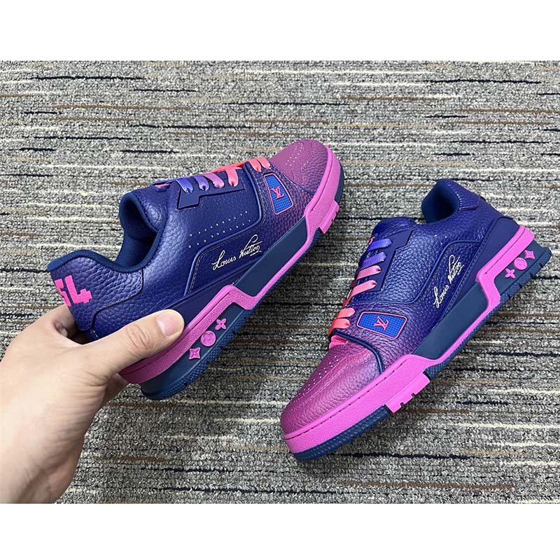 Louis Vuitton Unisex LV Trainer Sneaker Pink Grained Calf Leather Rubber Monogram Flowers