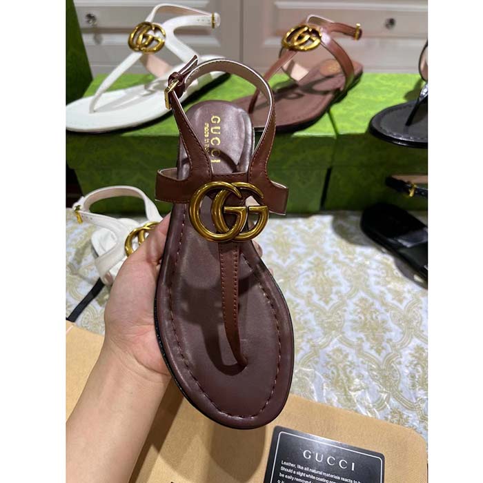 Gucci Women GG Double G Thong Sandal Brown Leather Flat 0.5 CM Heel