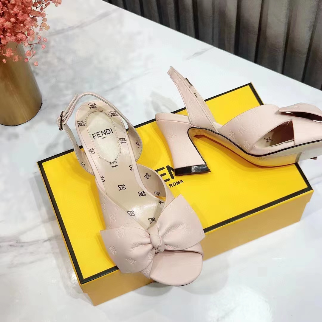 Fendi Women Slingback Sandals Wide Strap Maxi Bow Beige Leather