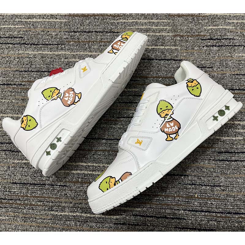 Louis Vuitton Unisex LV Trainer Sneaker White Printed Calf Leather Rubber Monogram Flowers