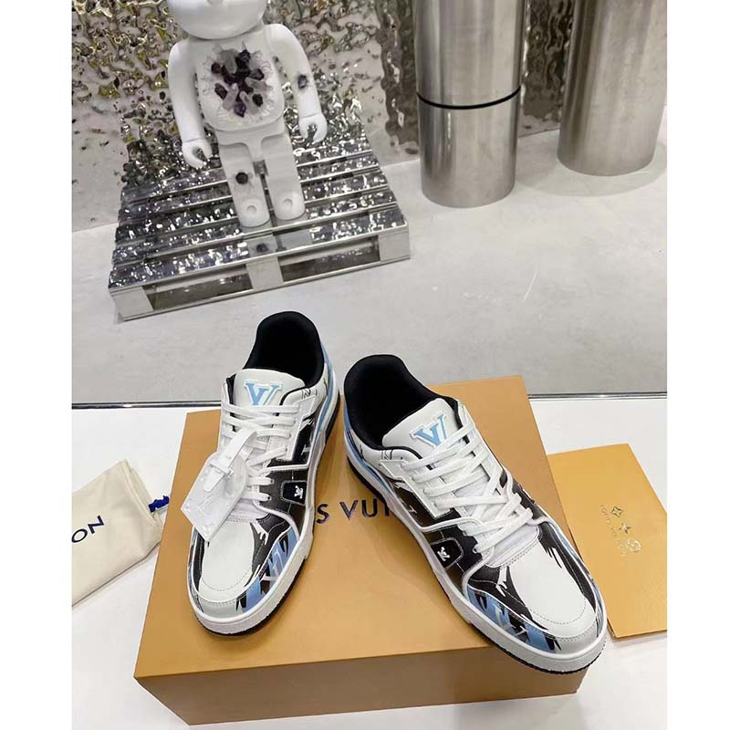 Louis Vuitton LV Unisex Trainer Sneaker Blue Printed Calf Leather Rubber Outsole