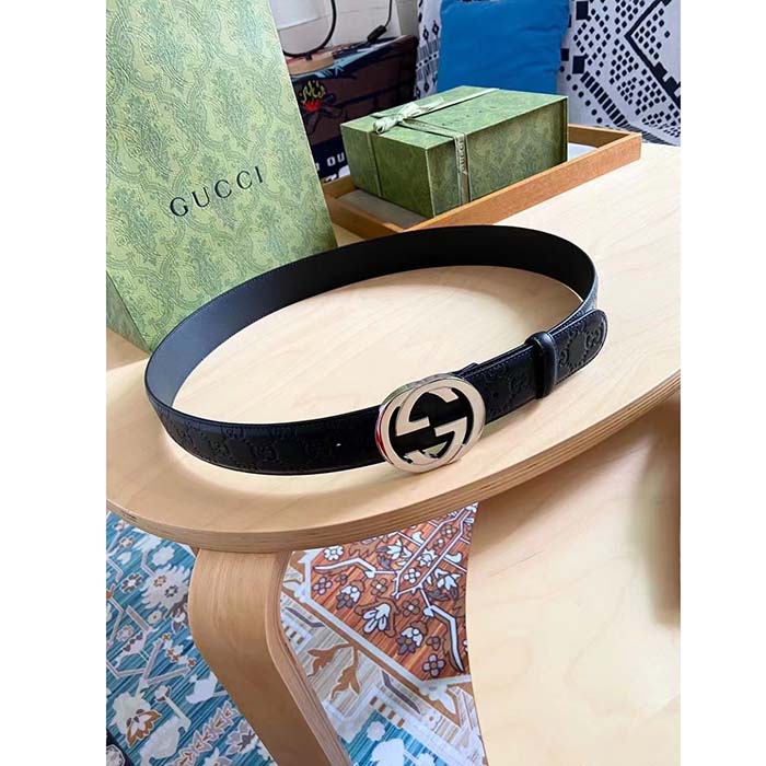 Gucci Unisex GG Signature Leather Belt Black Interlocking G Buckle 3.8 CM Width