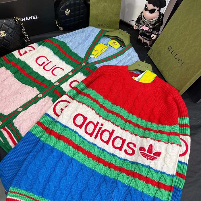 Gucci Women GG Adidas x Gucci Wool Sweater Blue Orange Cable Stitch Crewneck