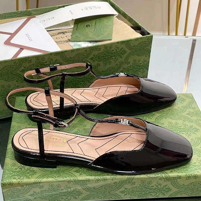 Gucci Women GG Double G Ballet Flat Black Patent Leather Square Toe