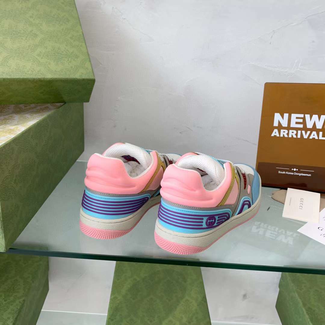 Gucci Unisex Basket Sneaker Blue Demetra White Mesh Rubber Interlocking G Low Heel