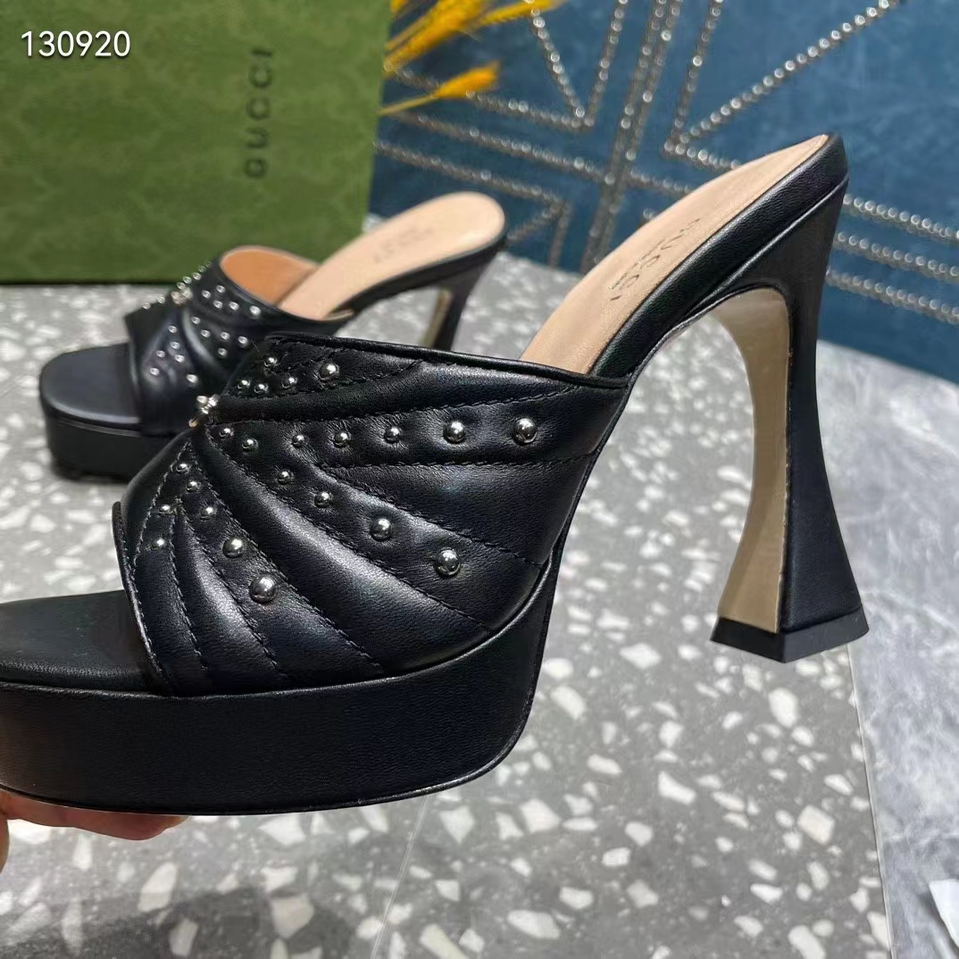 Gucci Women GG Heeled Slide Sandals Black Leather Studs Spool High 15 Cm Heel