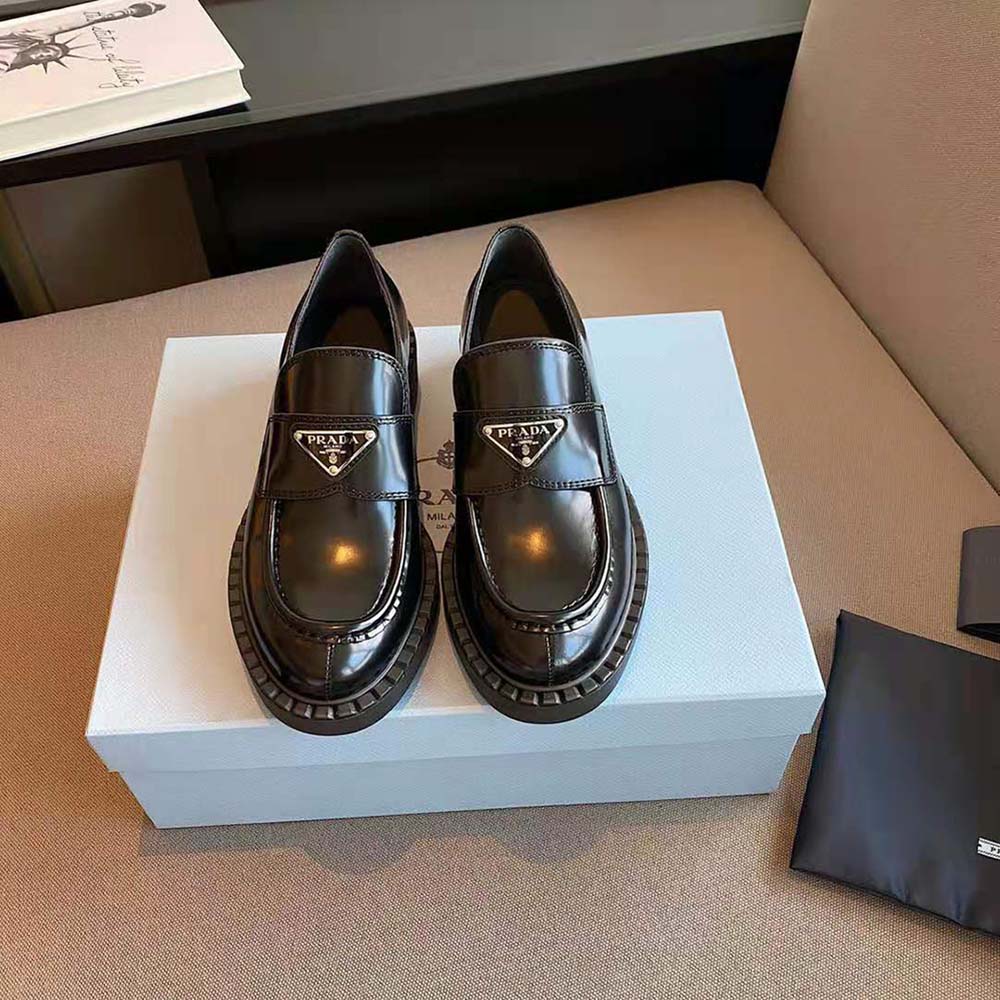 Prada Women Brushed Leather Loafers-Black