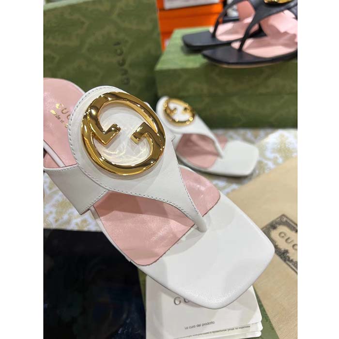 Gucci Women GG Blondie Thong Sandal White Leather Round Interlocking G 1.5 CM Heel