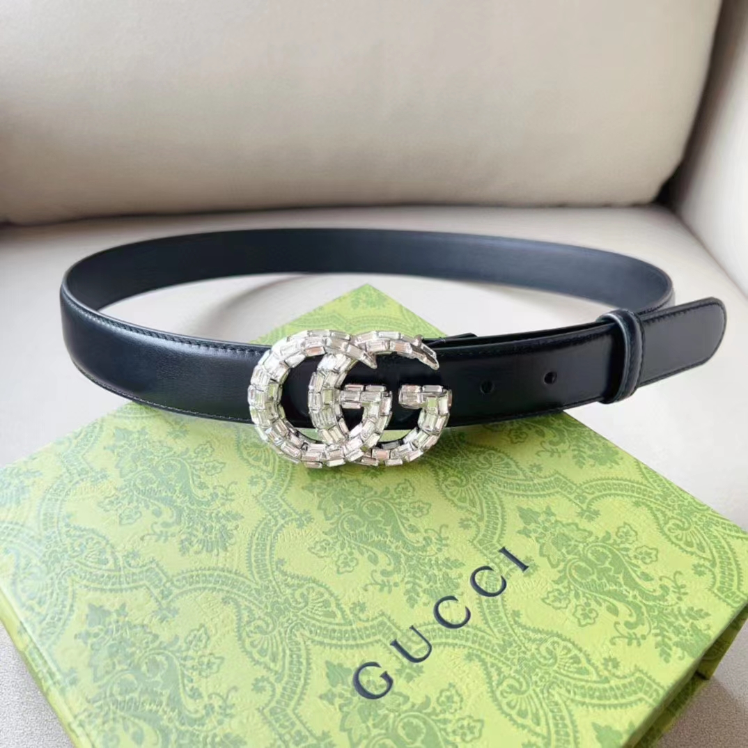 Gucci Unisex GG Marmont Thin Belt Crystals Black Leather Double G Buckle 3 CM Width
