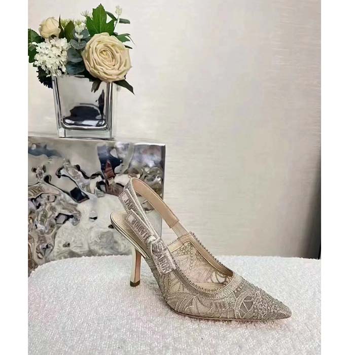 Dior Women CD J’Adior Slingback Pump Transparent Mesh Embroidered Gold-Tone D-Lace Macramé