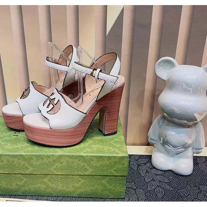 Gucci Women GG Interlocking G Sandal White Leather Wooden High 12 Cm Heel