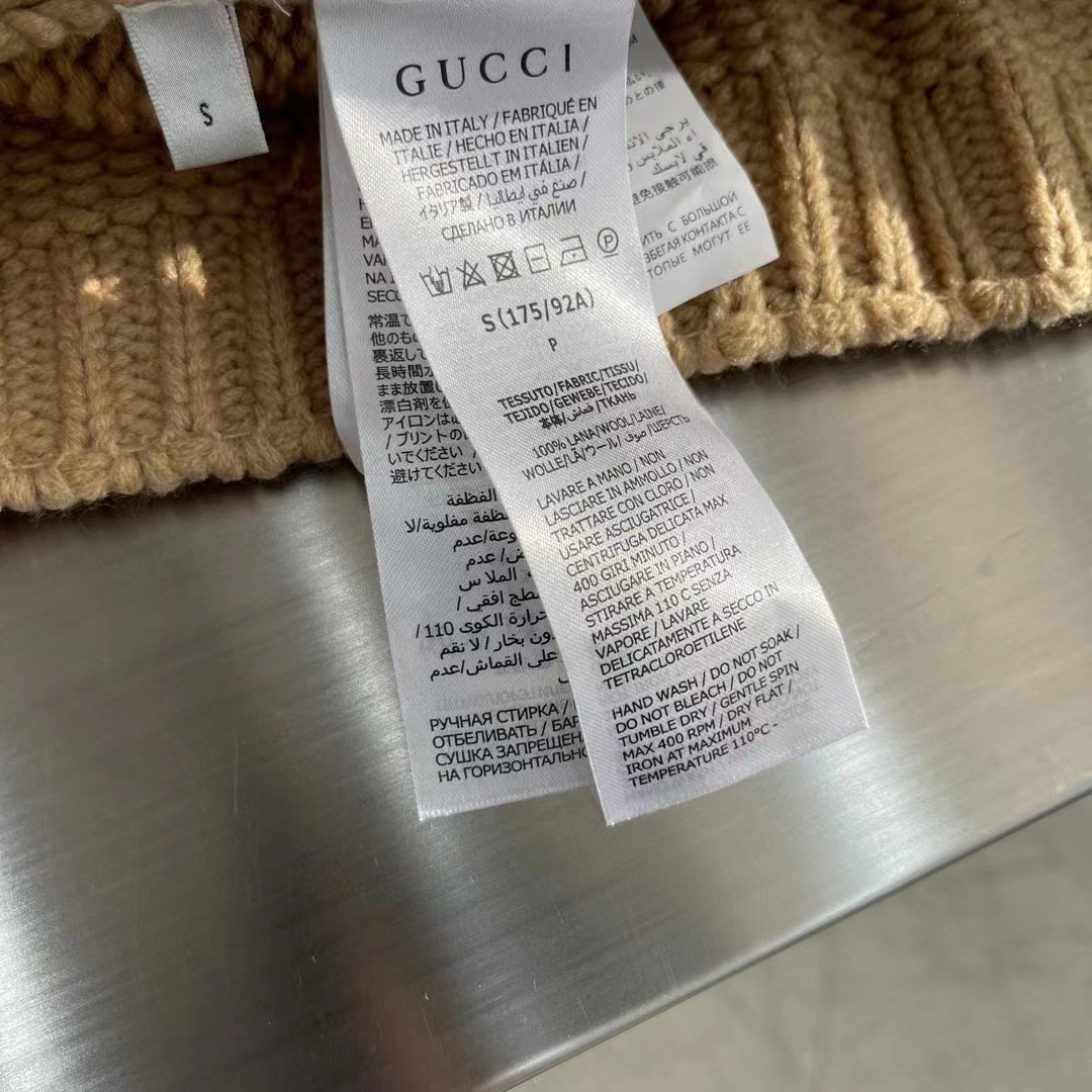 Gucci Women GG Knit Wool Sweater Gucci Intarsia Camel Ivory Crewneck Long Sleeves
