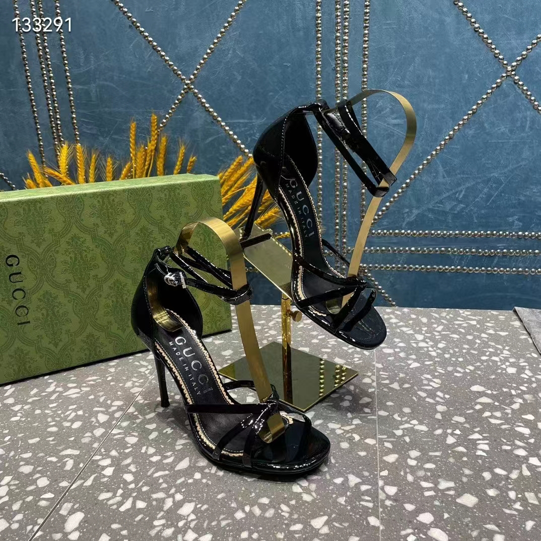Gucci Women GG Strappy Sandal Double G Black Patent Leather Crystal High 11 CM Heel