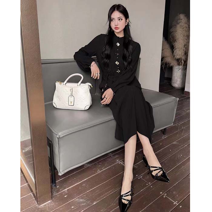 Louis Vuitton LV Women Monogram Accent Pleat Dress Silk Black 1AFDDG