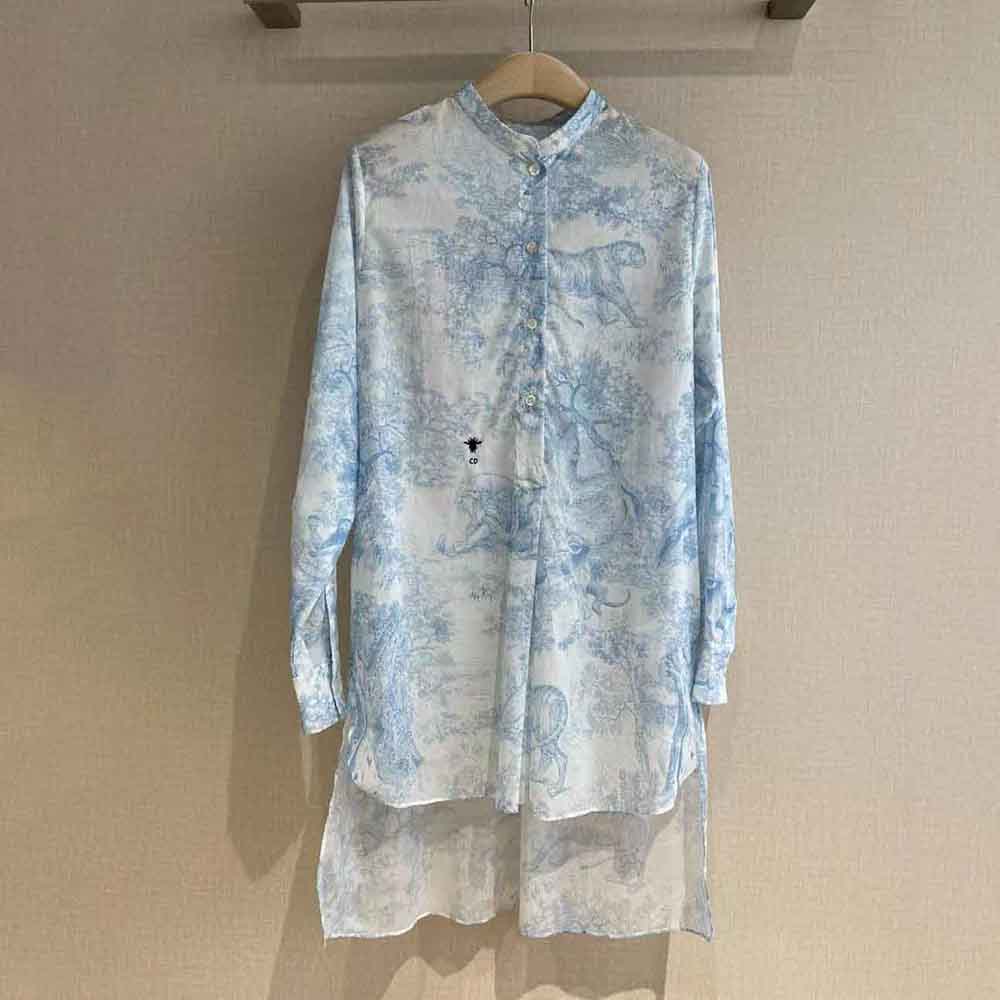 Dior Women Long Blouse Cornflower Blue Cotton Voile with Toile de Jouy Motif