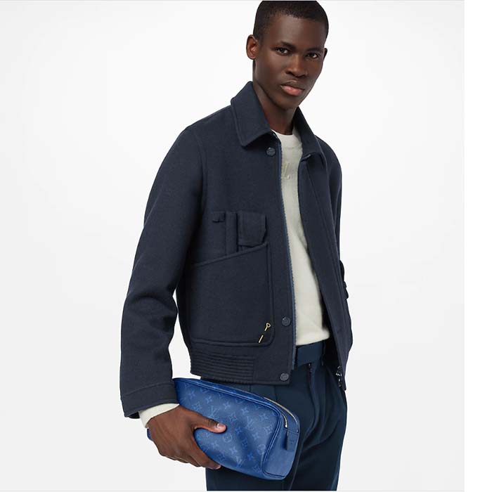 Louis Vuitton LV Unisex Dopp Kit Toilet Pouch Blue Taiga Cowhide Leather Monogram Coated Canvas