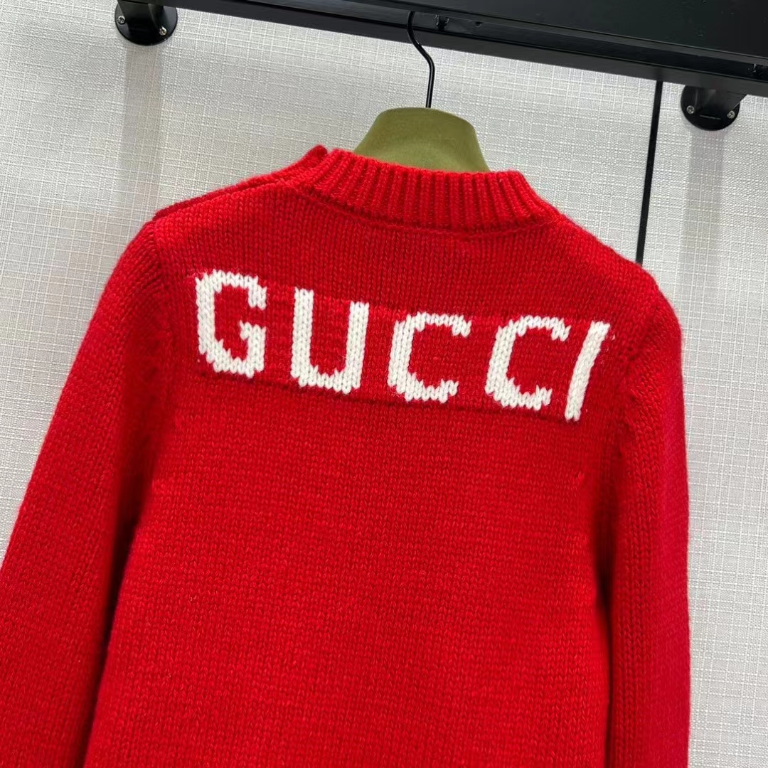 Gucci Men GG Wool Top Gucci Intarsia Red Crewneck Dropped Shoulder Long Sleeves