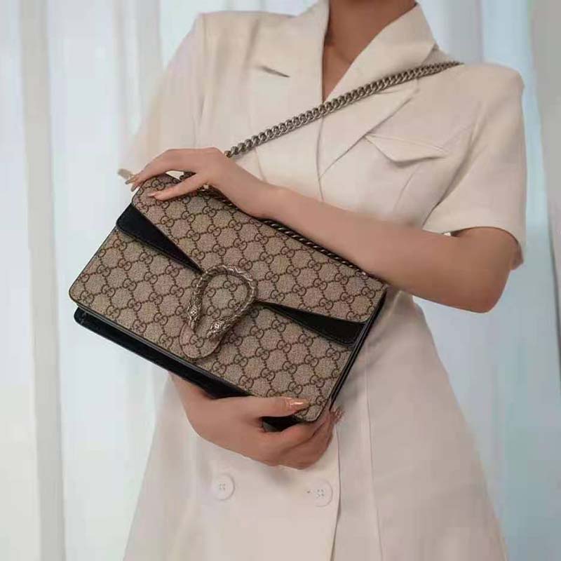 Gucci GG Women Dionysus GG Small Shoulder Bag Beige Ebony GG Supreme Canvas Black Suede