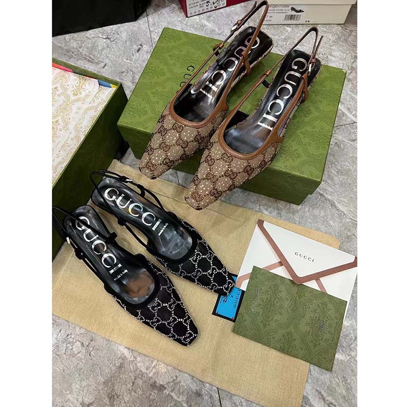 Gucci Women GG Slingback Pump Black Mesh GG Crystals Low 4 cm Heel