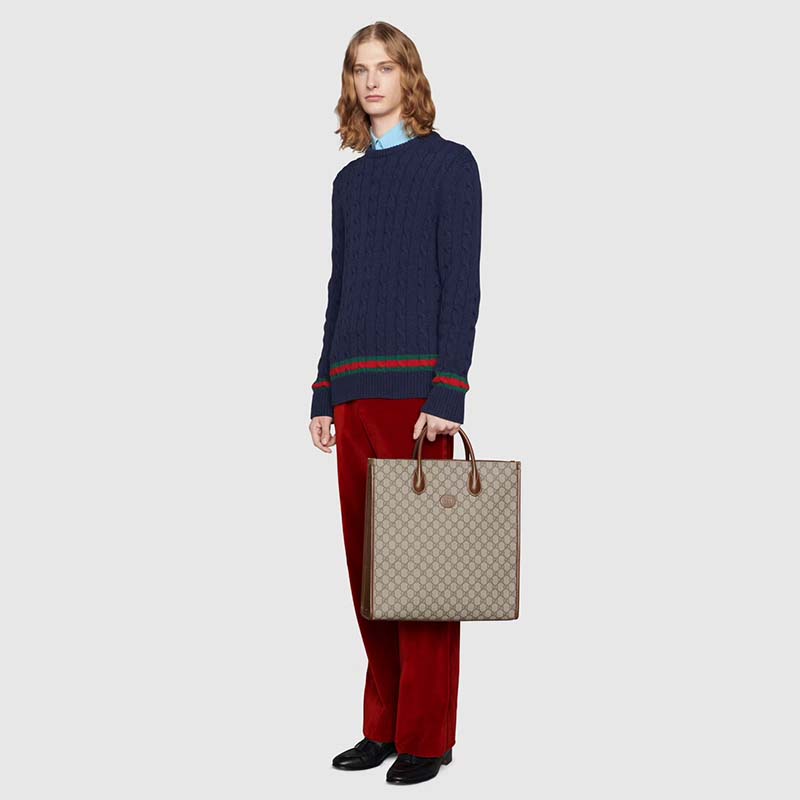 Gucci Unisex Medium Tote Interlocking G Beige Ebony Brown GG Supreme Canvas