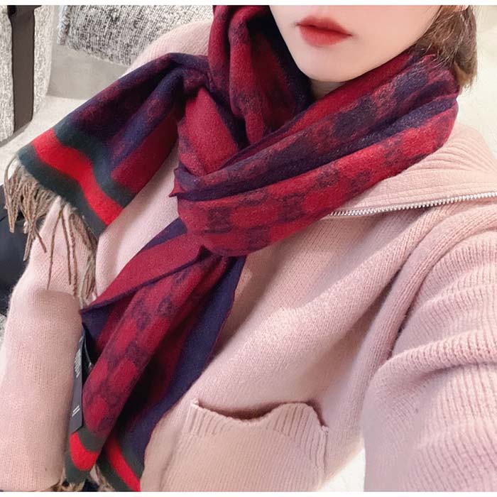Gucci Unisex GG Jacquard Cotton Stole Red Blue Fringe