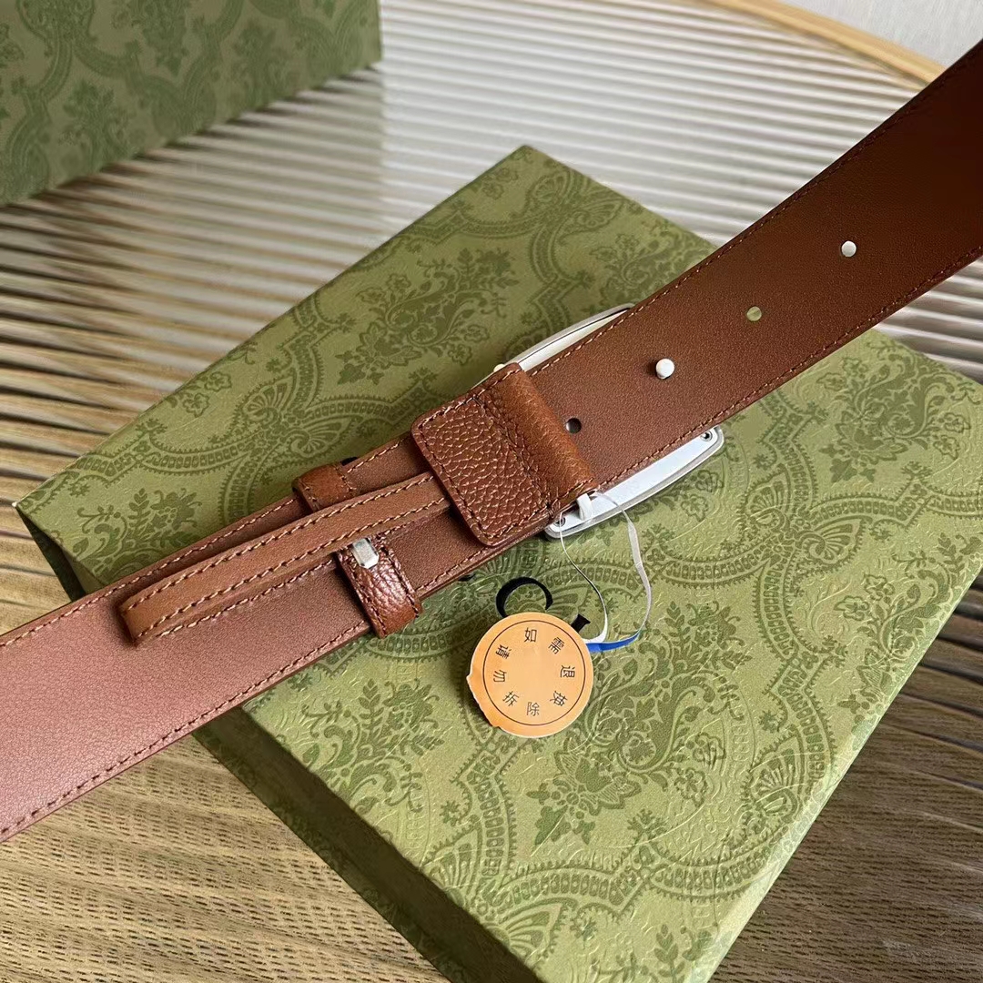 Gucci Unisex GG Belt Gucci Plaque Buckle Brown Leather Palladium-Toned Hardware