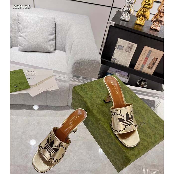 Gucci Women Adidas x Gucci Slide Sandal Gold Metallic GG Trefoil Smooth Leather