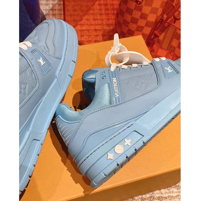 Louis Vuitton Unisex LV Trainer Sneaker Blue Monogram-Embossed Grained Calf Leather