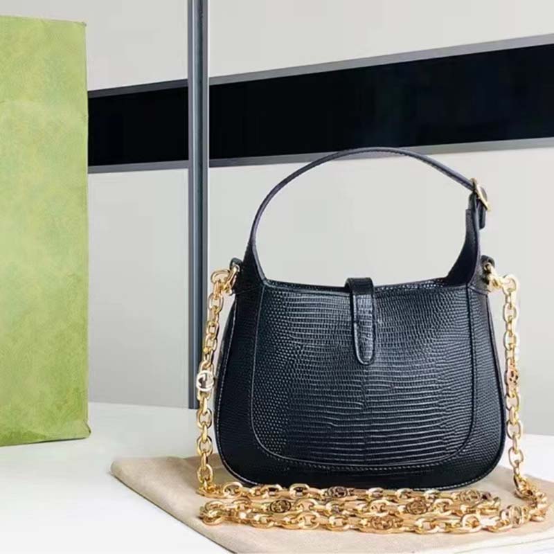 Gucci Women GG Jackie 1961 Lizard Mini Bag Black Lizard Gold-Toned Hardware