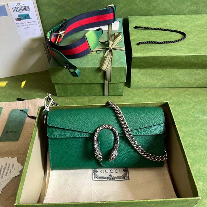 Gucci Women GG Dionysus Small Shoulder Bag Green Leather Antique Silver-Toned Hardware Crystals