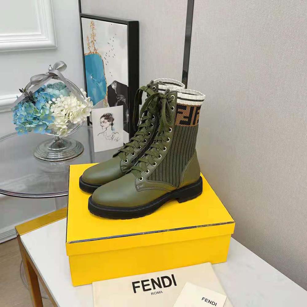 Fendi Women Rockoko Green Leather Biker Boots with Stretch Fabric