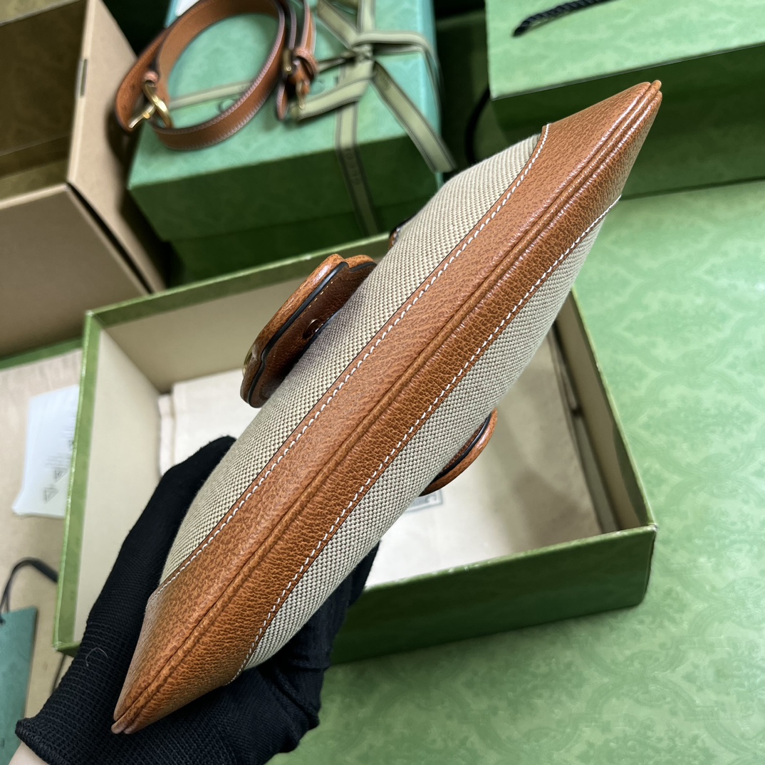 Gucci Women GG Aphrodite Small Shoulder Bag Beige Cotton Canvas Brown Leather