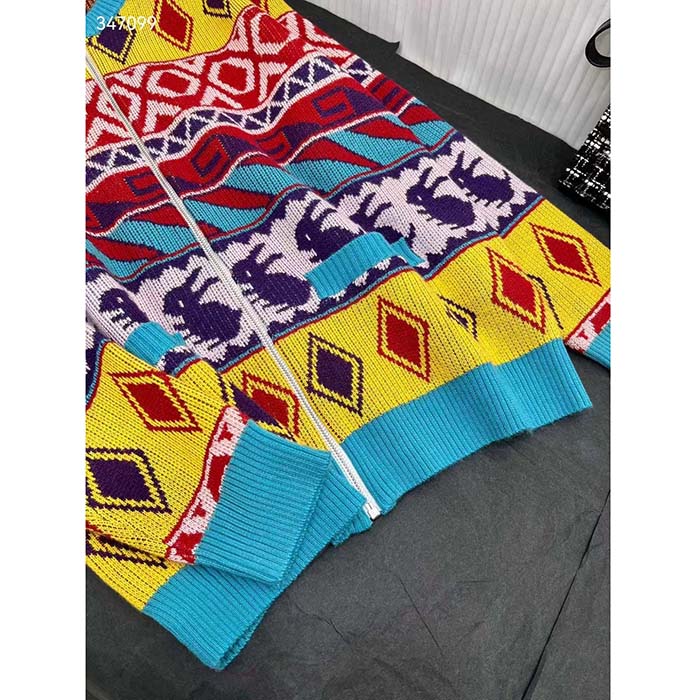 Gucci Women GG Wool Jacquard Zip Jacket Multicolor Geometric Motif Wool Bunny Label