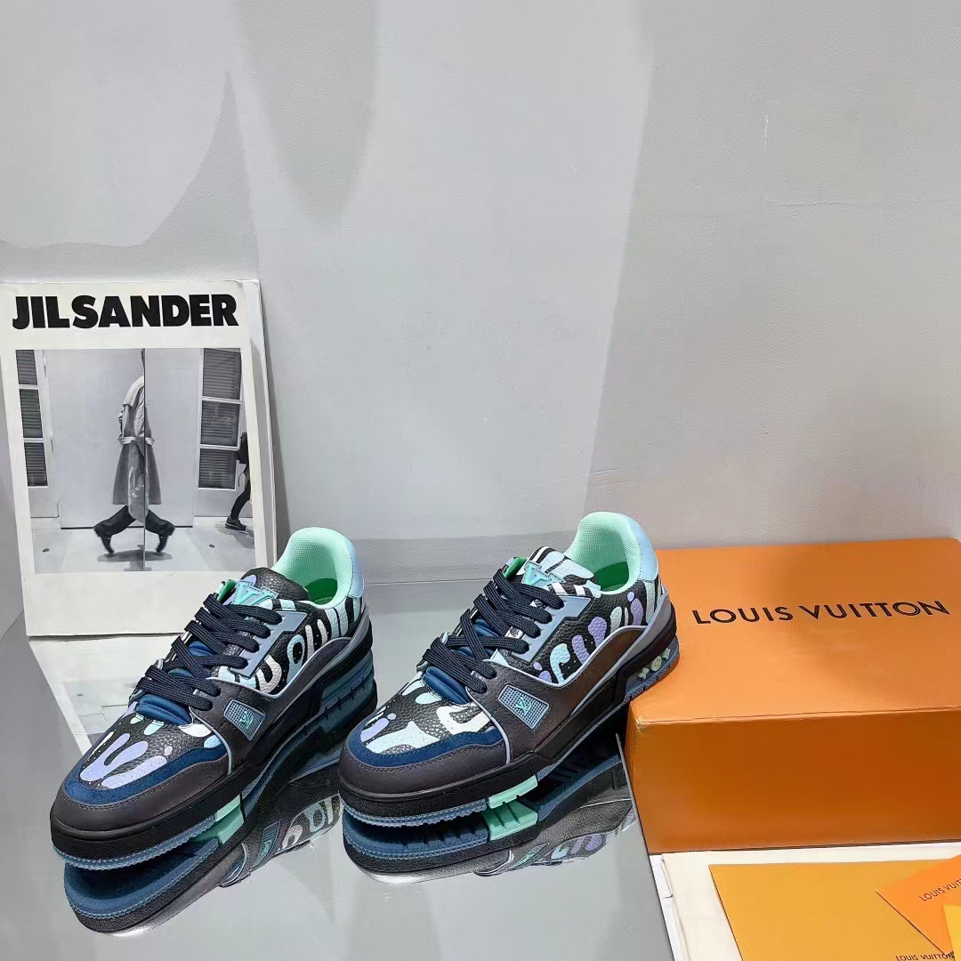 Louis Vuitton Unisex LV x YK LV Trainer Sneaker Navy Blue Camouflage-Printed Canvas Grained Calf